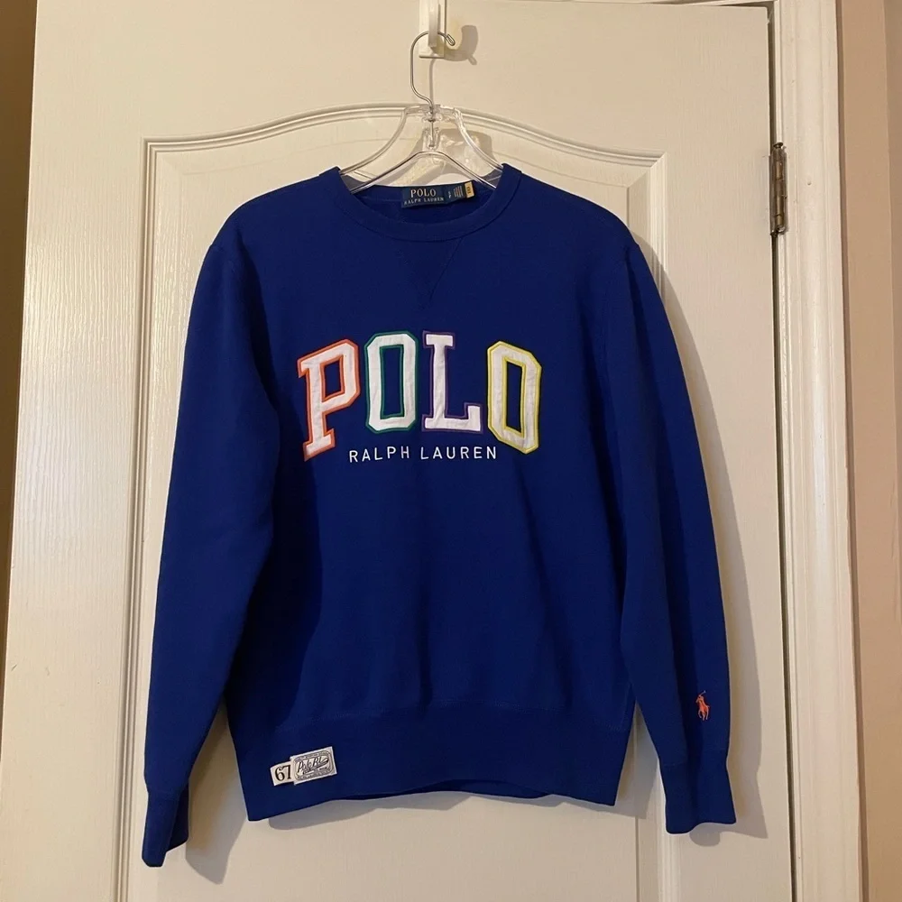 Polo Ralph Lauren Fleece Blue Sweatshirt Colorful POLO Logo Spell Out Size S EUC